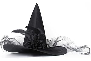 JUSTOTRY Halloween Witch Hat - Halloween Costume Witches Hats for Women attached with Roses & Feathers