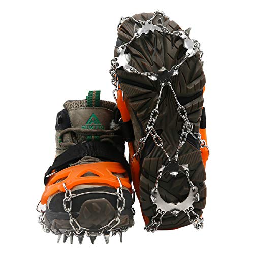 Samply Ice& Snow Traction Cleats, 19 Spike Mountaineering Climbing Crampons for Shoes, Boots, Medium, Orange