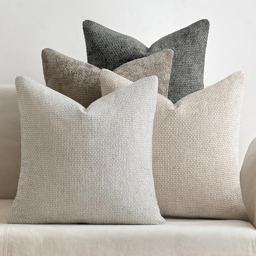 Chenille Throw Pillow Covers with Zipper, Soft Neutral Decorative Cushion Covers for Sofa, Couch, Bedroom, Living Room, Farmhouse Boho Modern Home Decor, Machine Washable（4 pcs）