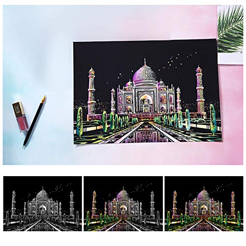 Scratch Art Rainbow Painting Paper, Sketch Pad DIY Night View Scratchboard for Kids & Adults, Engraving Art & Craft Set, Scratch Painting Creative Gift, 16'' x 11.2'' with 3 Tools (Taj Mahal-India)