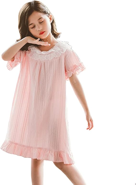 Amazon Xiaoyue ネグリジェ ガールズ パジャマ ワンピース 半袖 子供パジャマ 女の子 ワンピースパジャマ ルームウェア ナイトウェア プリンセスドレス キッズ 姫系 レース 可愛い 綿 柔らかい 薄手 部屋着 寝巻き 春 夏 パジャマ 通販
