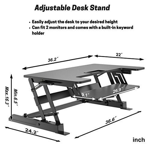 Sit Stand Desk, Adjustable Standing Desk Height Adjust 6.5"-16.5", Fit 2 Monitors, Help Reduce Neck & Back Pain, Increase Productivity & Improve Posture, Premium Desk Stand by HUANUO - Thumbnail 2