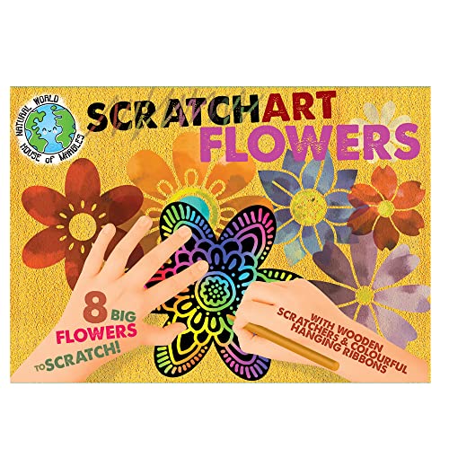 House of Marbles Scratch Art Flowers for Kids That Love DIY Arts and Crafts Activities, with Wooden Stylus Tools and Hanging Ribbons, Scratching to Reveal Rainbow Patterned Lines