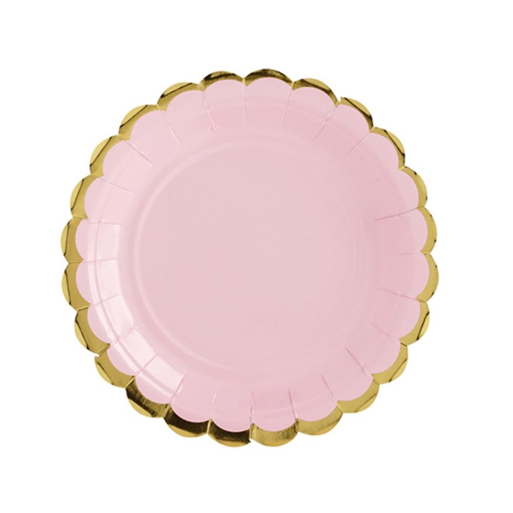 PartyDeco Conf.6 Large Cardboard Plates Pink Bordati Gold