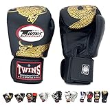 Twins Special Gloves Velcro Fancy FBGV Size 8, 10, 12, 14, 16 oz Color Black Gold Silver Dragon, Fire Flame, Tattoo used for Training and Sparring Muay Thai, Boxing, Kickboxing, MMA (Dragon Gold 14 oz)
