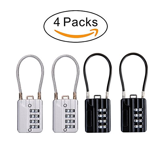 SEPOX Resettable Combination Travel Padlock, 4 Digit Cable Lock for Suitcase, Travel Bag, and Gym Lockers, Filing Cabinets, Toolbox, Case, â€”Silver/Black Pack of 4
