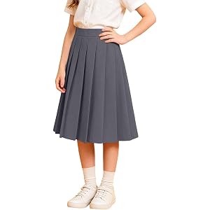 Xiaojmake Girls Pleated Midi Skirt High Waist Below Knee Length Skirts School Uniform Elastic Waist Solid Casual A Line Skirt