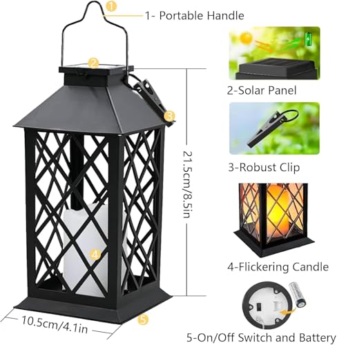 Joycome Solar Lanterns Outdoor 2 Pieces Solar Lamp Outdoor Garden with Flashing Candle, Waterproof Terrace Decoration, Solar Lantern for Garden, Table, Terrace, Fence, Tomb and Gifts – Black