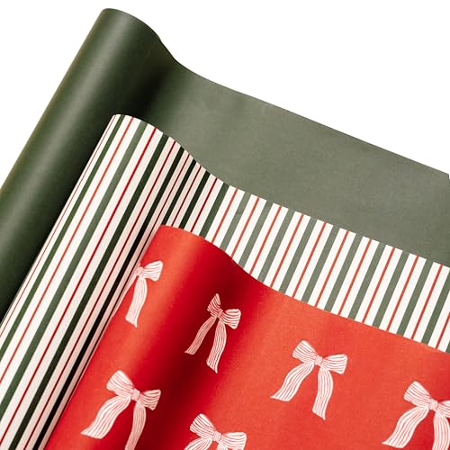 Merry Market Christmas Wrapping Paper Rolls, Premium Matte Gift Wrap, 30” x 168” Large Roll, Bows Stripes Design, Holiday Gift Wrapping