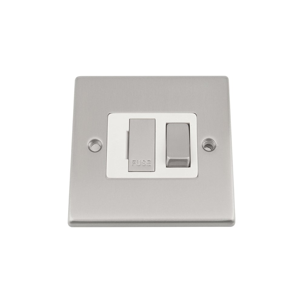 Fused Switch - Satin Matt Chrome Square - White Insert Metal Rocker Switch - 13 Amp Switched Fused Spur Unit