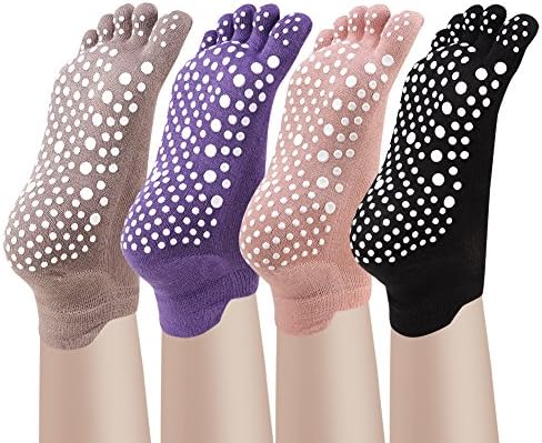 Yoga Toe Socks Non Slip Skid Pilates Barre with Grips for Women 4 Pack by Cosfash