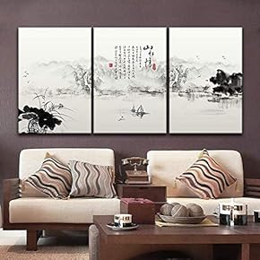 3 Panel Canvas Wall Art - Chinese Ink Painting Style Mountain and a Boat on The River - Giclee Print Gallery Wrap Modern Home Art Ready to Hang - 16"x24" x 3 Panels