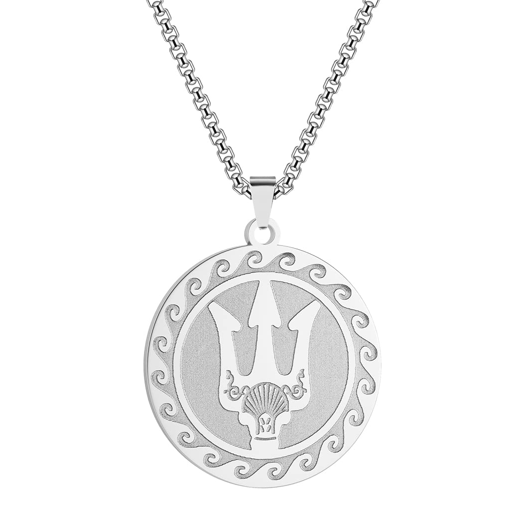 QIAMNI 316L Stainless Steel Coin Necklace for Poseidon Greek God of the Sea Pendant/Trident Talisman necklace Pendant Unisex (silver)
