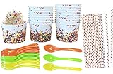 Candy Sprinkles Theme Party Supply - 8 Ounce Ice Cream Bowls - Plastic Spoons - Dot Paper Straws - 18 Each