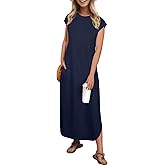 HiMONE Women's Casual Cap Sleeves Casual Maxi Beach Dress with Pockets Navy Blue-L