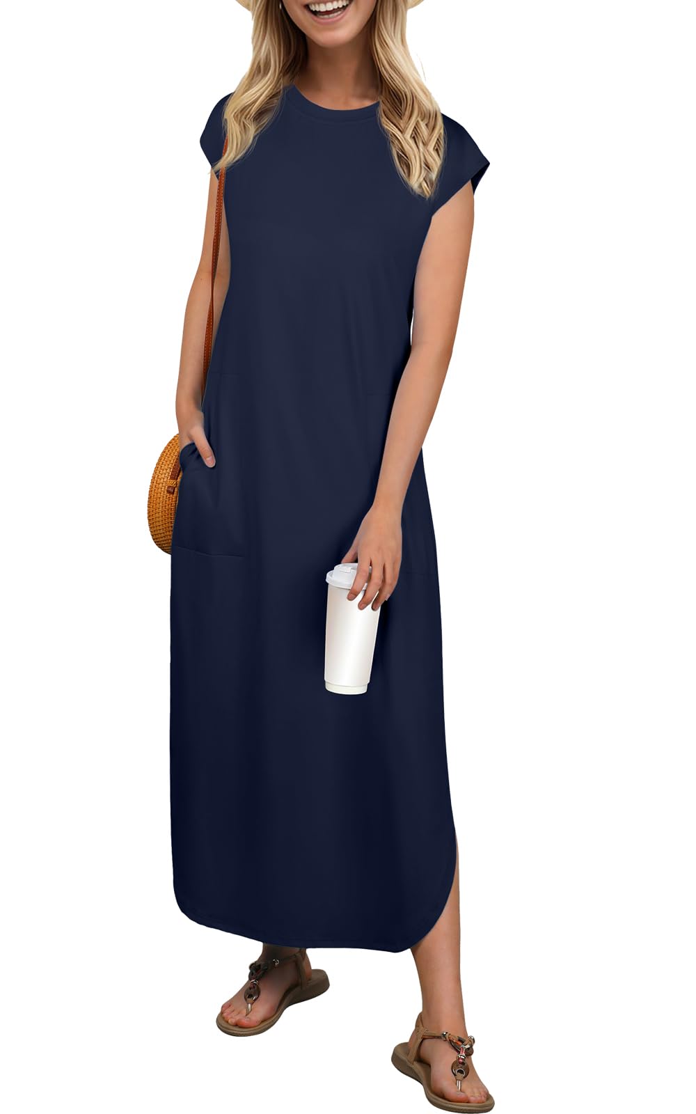 Photo 1 of HiMONE Summer Dress Women's Casual Loose Sundress 2025 Cap Sleeves Casual Maxi Beach Dress with Pockets XS-2XL Navy Blue