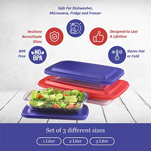 Set of 3 Upgraded Rectangular Glass Bakeware Set with Multi-Color BPA-Free Lids | Superior Oblong Glass Baking Dishes for Casseroles, Lasagna, Leftovers, Cooking, | Essential Kitchen Items