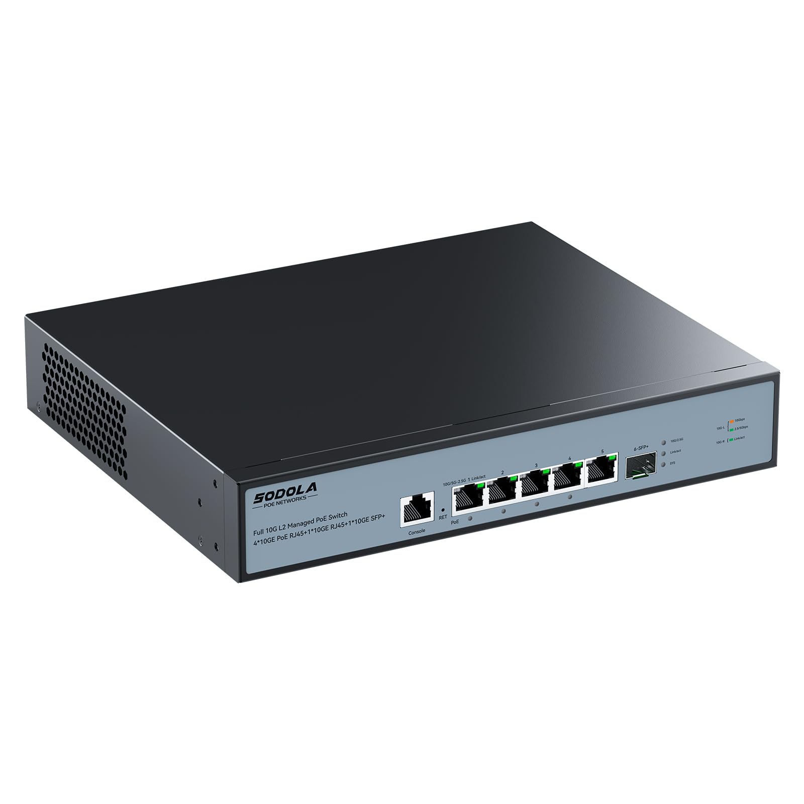 Photo 1 of SODOLA 10Gb L2 Managed PoE Switch 150W|1X 10G SFP+&4 x 10GBase-T PoE Ports+1x10GBase-T Uplink, Max 90W PoE Output,IEEE802.3af/at/bt,Desktop&Wall Mount 10G Managed PoE Network Switch