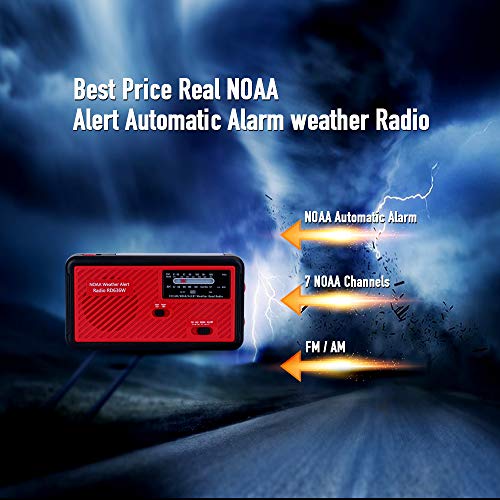Portable Emergency Solar Weather Radio Hand Crank Self Powered Earthquake AM/FM/NOAA Radios, LED Flashlight, SOS Alarm, Reading Lamp and 1000mAh Power Bank for Emergency Indoor Outdoor (Red & Black)