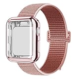 QIENGO Compatible with Apple Watch Band with Case 42MM, Soft Nylon Strap with Silicone Screen Protector, Replacement for iWatch Sport Series 3/2 / 1 (Rose Pink, 42mm)