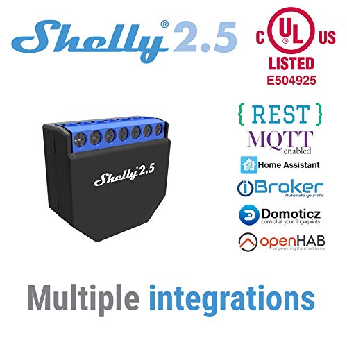 Shelly 2.5 Double Relay Switch and Roller Shutter WiFi Open Source Wireless Home Automation Dual Power Metering iOS Android Application (1 Pack) +UL Certificate