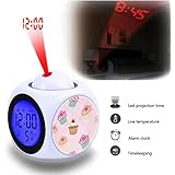 Projection Alarm Clock Wake Up Bedroom with Data and Temperature Display Talking Function, LED Wall/Ceiling Projection,Customize The pattern-695.Pretty Flowers and Garden Cupcakes
