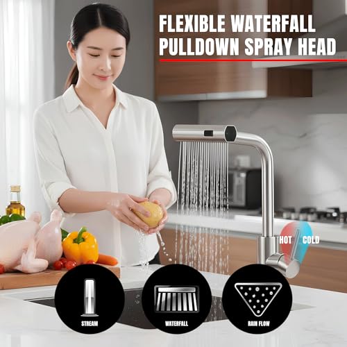 Aishini® Waterfall Kitchen Faucet, (SSV5) صنابير خلاط المطبخ with Pull Out Sprayer, 3 Spray Modes, Stainless Steel 304, High Pressure 360° Swivel Kitchen Sink Mixer, High Arc Single Hole Sink Tap