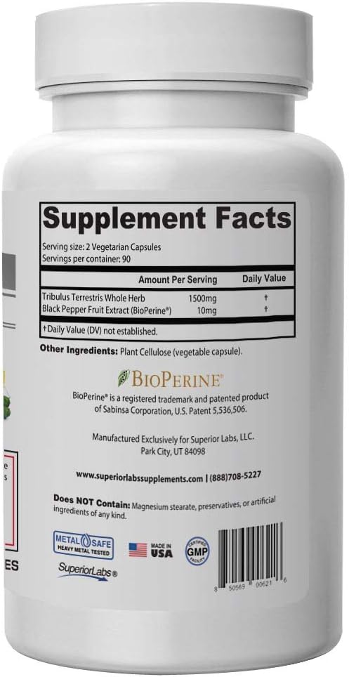 Superior Labs - Tribulus Terrestris - Testosterone Booster Cortisol Blocker with 45% Steroidal Saponins, 1500mg Dosage, 180 Vegetable Caps - Supports Vitality and Performance - with Added BioPerine®: Health & Personal Care
