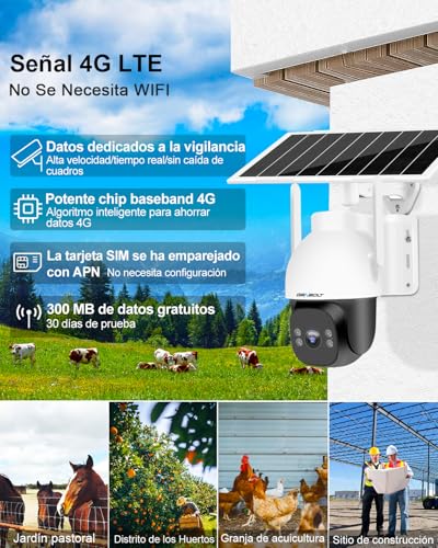 GENBOLT 4G LTE Camara Seguridad Exterior Solar Inalámbrica Sin WiFi, 24/7 Grabación AOV, 15600mAh Batería 8W Panel Solar,2K Camara Vigilancia 4G, con SIM, Apertura F1.0, Detección IA 90 Pies