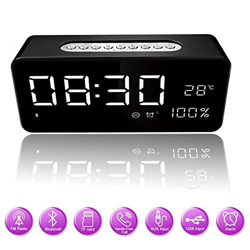 Orionstar Aid Sleep Wireless Alarm Clock Radio Bluetooth Stereo Speaker HD Sound Repeat Snooze Function 8” LED Thermometer AUX MicroSD USB iPhone /Android Compatible Model S1 with Wall Charger Black