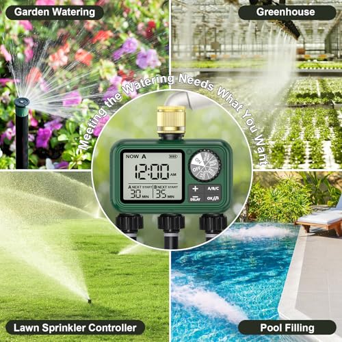 3 Way Water Timer with Brass Inlet, Large LCD Display, Automatic Watering for Garden, Programmable Irrigation, Simple Use, Rain Delay Manual Watering for Garden