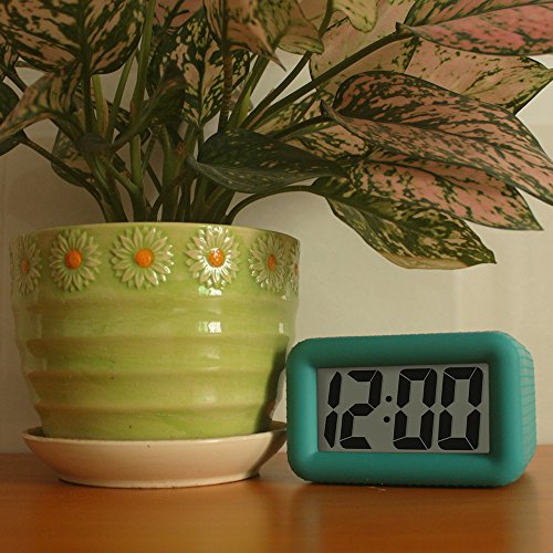 Digital Alarm Clock Table Electronic Clock with Rubber Case Display Time/Alarm, Snooze/Backlight, Adjustable Light Dimmer Battery Operated Bedside Desk/Shelf Clock, Gift for Kids/Teens/Home, Green - Thumbnail 3
