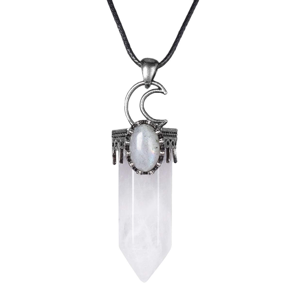 Nupuyai Vintage Moon Rock Crystal Point Pendant Necklace for Women, Hexagonal Stone Energy Protection Pendant with Chain