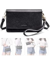 nuoku Women Small Crossbody Bag Cellphone Purse Wallet with RFID Card Slots 2 Strap Wristlet(Max 6.5')(Black)