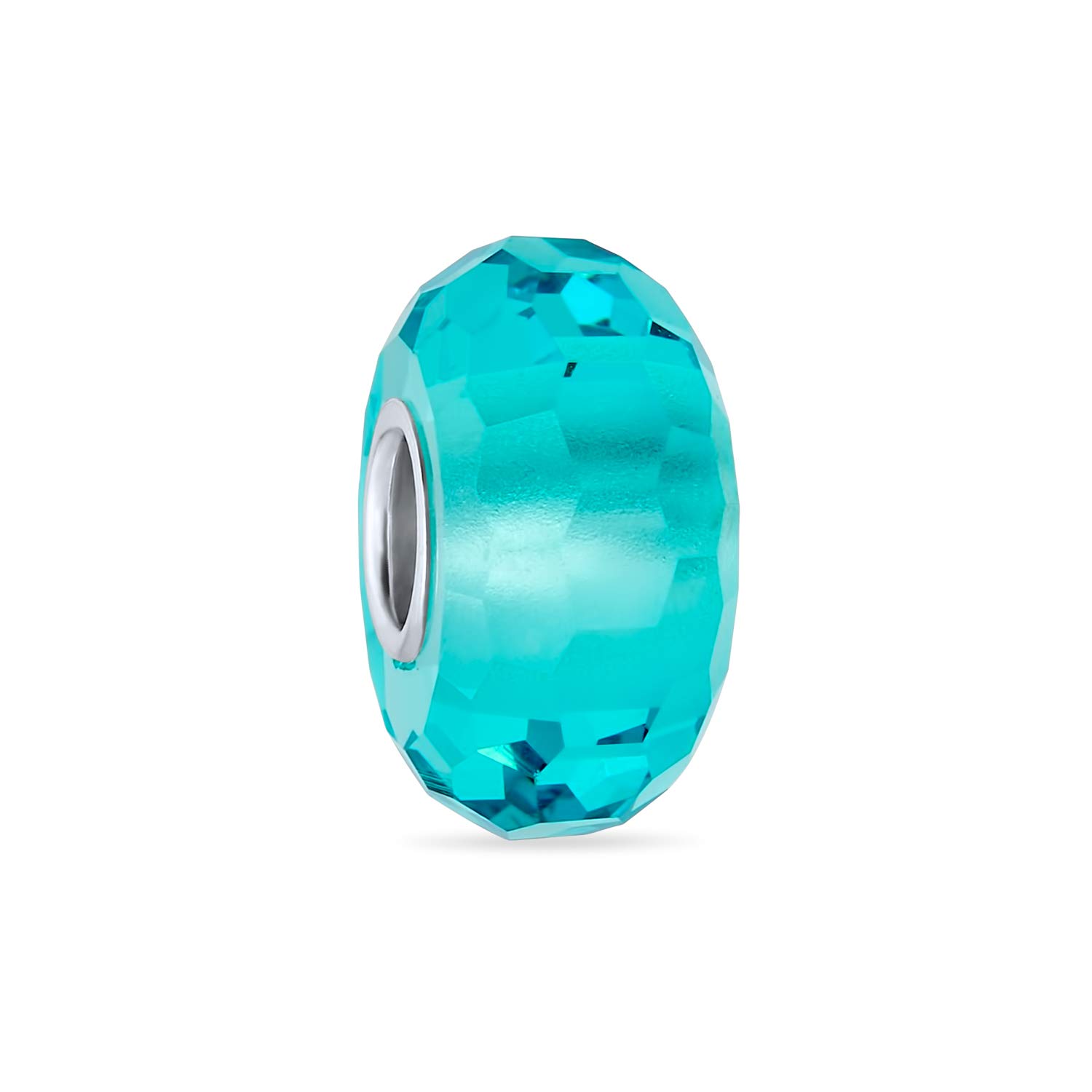 Bling Jewelry Solid Translucent Aqua Blue Faceted Murano Glass .925 Sterling Silver Core Spacer Bead Fits European Charm Bracelet For Women Teen