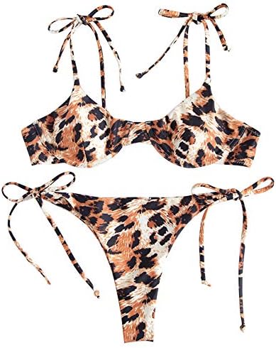 ZAFUL Women's Leopard Print Underwire Tie String Triangle Bikini Set Swimsuit