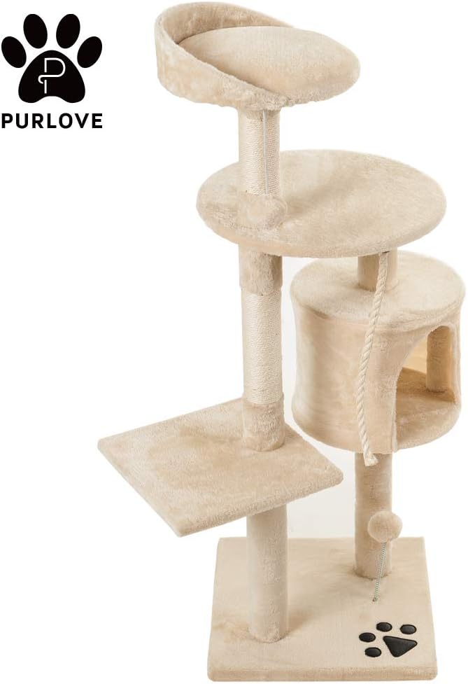 Cat Tree Tower,3 Platform Kitten Cat Tree Cat Scratcher Activity Centres Scratching Post-(Beige)