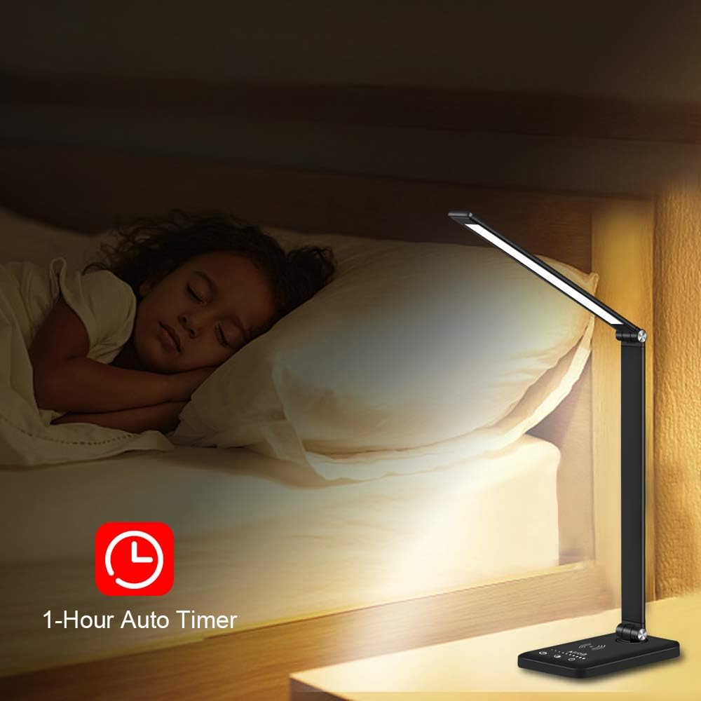 Multifunctional LED Desk Lamp with Wireless Charger, USB Charging Port, 5 Lighting Modes, 5 Brightness Levels, Sensitive Control, 30/60 min Auto Timer, Eye-Caring Office Lamp with Adapter - - 