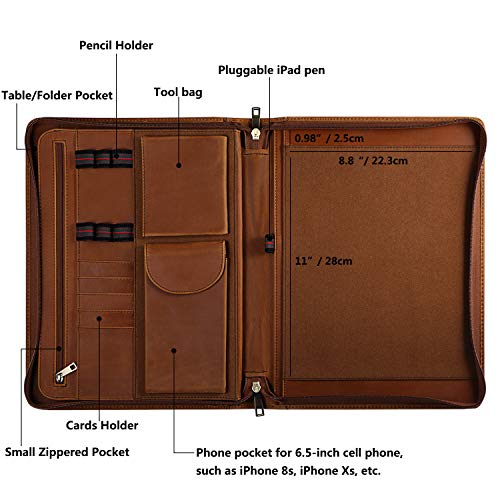 Handmade Crazy-Horse Leather Padfolio Portfolio, Easy to Carry with A Zippered Closure, Business Organizer Tablet Folio Folder with Letter Size Notepad, Gift for Women & Men (Brown, Non-Custom)