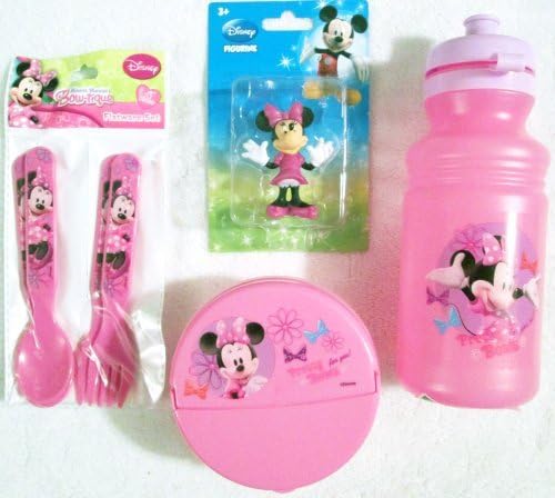 Disney Minnie Mouse Water Jug Snack Containers Spoon Fork Set with Minnie Figurine Gift Set