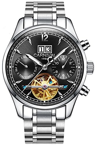 Men's Multifunction Calendar Analog Automatic Mechanical Watch Luminous Exhibition Movement Wrist Watches (Steel Band-Black)