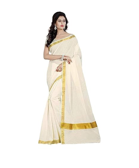 Women's Cotton Kerala Kasavu Saree With Bright Golden Border - Off White_Free Size (ksv1018)
