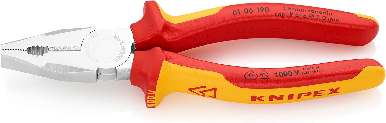 KNIPEX Combination Pliers Chrome Vanadium Chrome-Plated Insulated with Multi-Component Grips, VDE-Tested 190 mm, 01 06 190