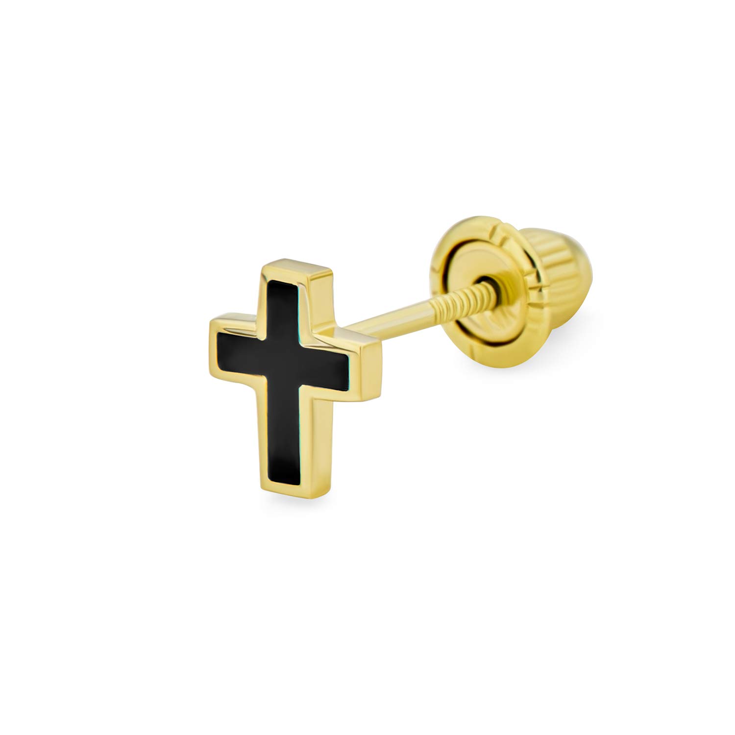 Tiny Minimalist Religious Christian 3D Mini Cross Cartilage Ear Lobe Piercing 1 Piece Stud Earring For Women Teen Black Plated Real Yellow Gold Safety Screwback