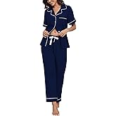 COLORFULLEAF 100% Cotton Women's Pajamas Sets Button Down Sleepwear Short Sleeve with Long Pants Lounge Pj set