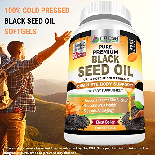 Black Seed Oil Capsules Cold Pressed 1300mg Per Serving, 100 Pure