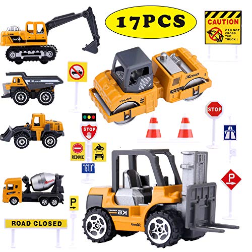 Jellydog Toy Construction Vehicles Toys ,16 Set Mini Construction Trucks,Cranes, Excavators, Bulldozers, Rollers, Cranes, Loaders, Dump Trucks with 10 Traffic Sign ,Road for Kids