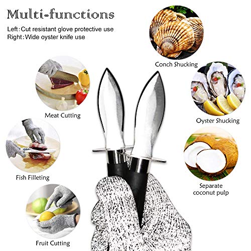 Oyster Knife,Oyster Shucking Knife,Oyster Shucker,(2 knives+1 pair gloves) Cut-proof Gloves Cut Resistant Level 5 Protection Seafood Opener Kit Thicker Stainless Steel Blade for Home,BBQ,Party