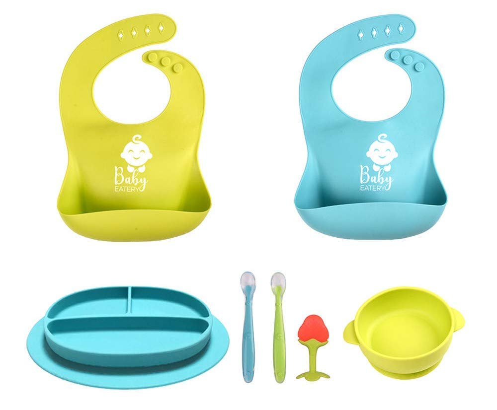 Baby Feeding Set Pink Silicone Bib Plates Bowls Spoons