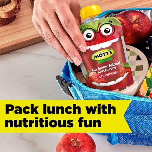 MOTT’S NO SUGAR ADDED STRAWBERRY APPLESAUCE, 3.2 OZ CLEAR POUCHES, 12 COUNT